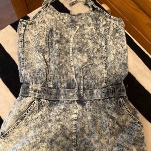 blue jean shorts romper, size large